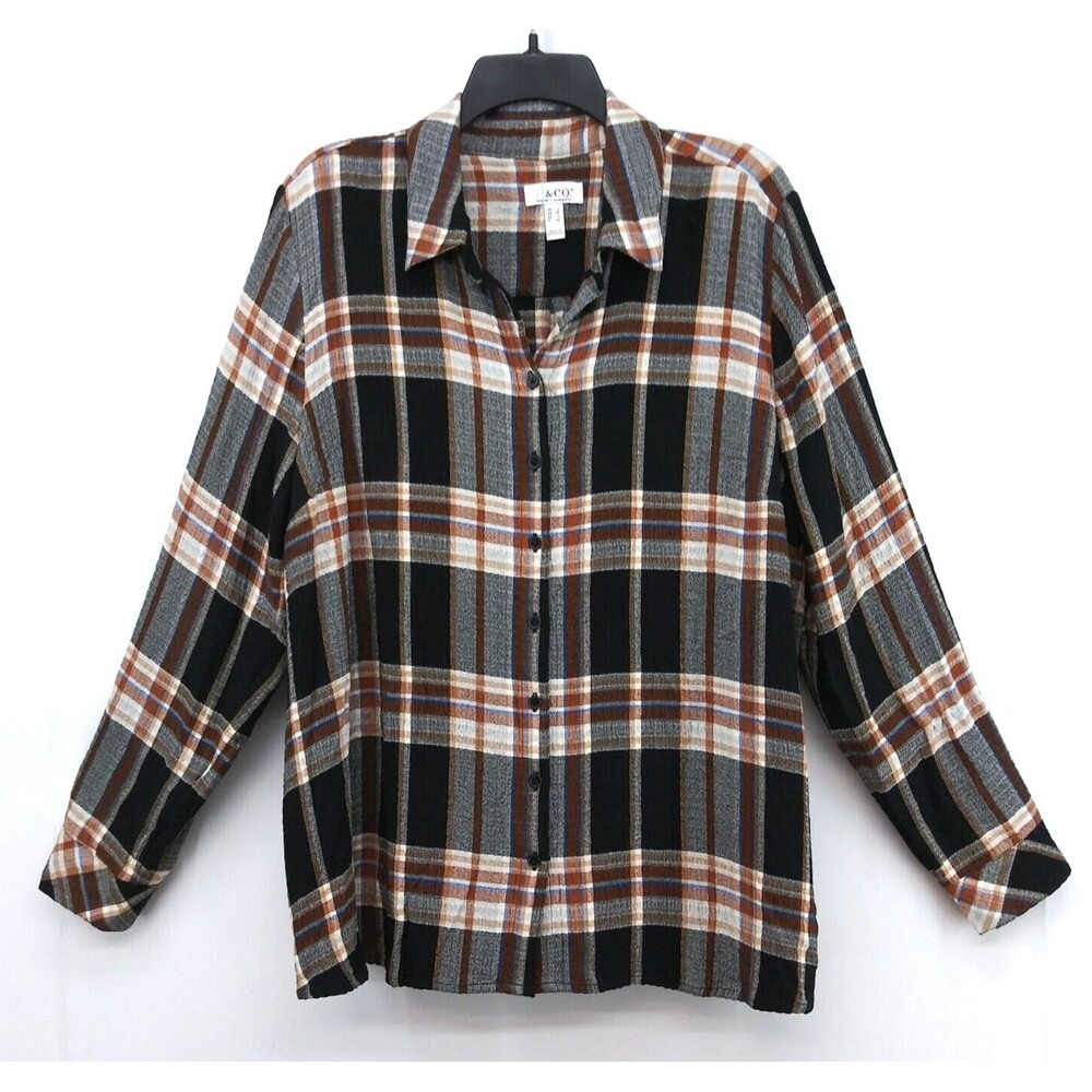 D&Co. Shirt Women Size L Multicolor Plaid Long Sleeve Button Up Top